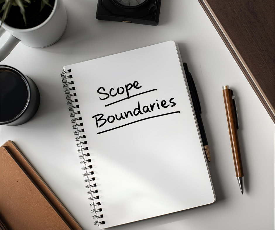 Notebook with ‘scope’ and ‘boundaries’ written on it